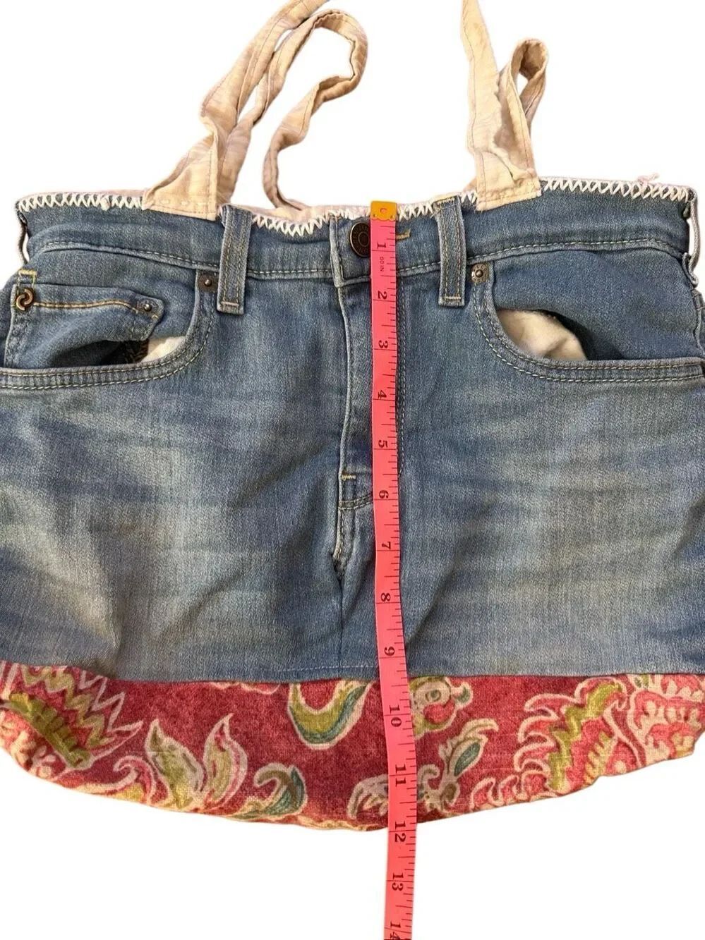 Handmade Denim and Cotton Upcycled Tote Bag Purse - Picture 3 of 5